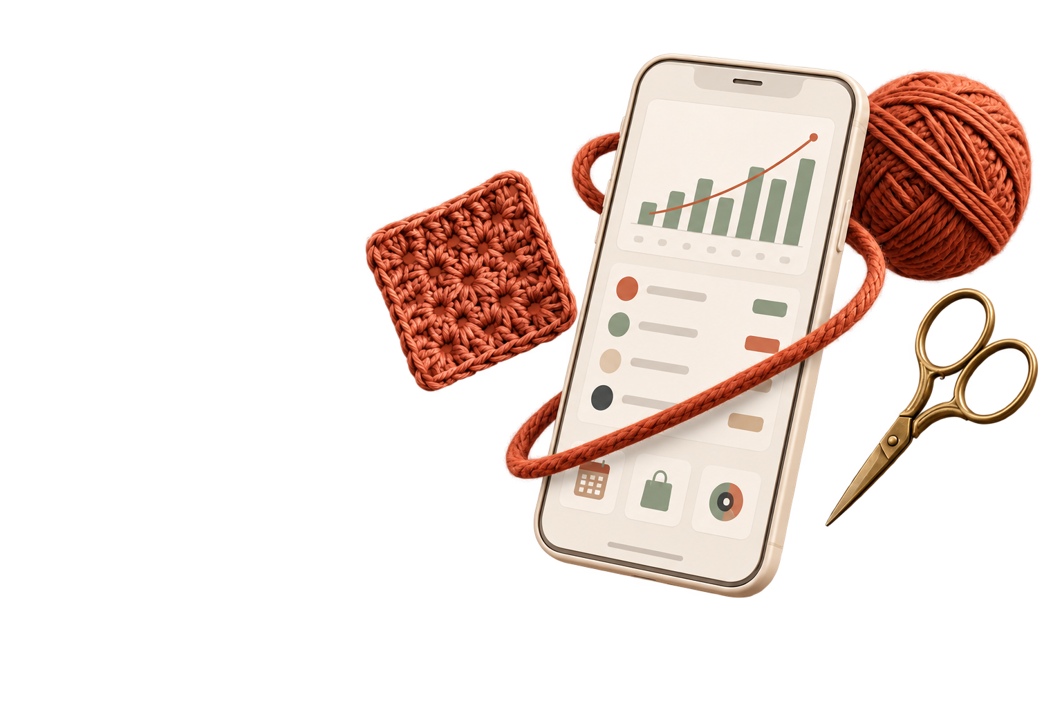 Celular com o negócio organizado, conectado por um fio a um novelo, uma peça de crochê e uma tesoura